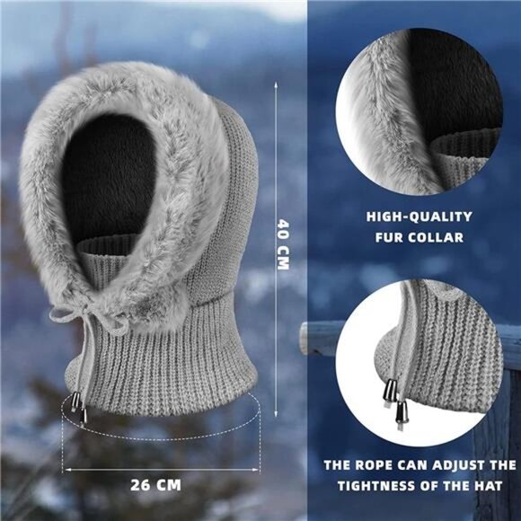 2 Pcs Women\'s Winter Fleece Hood Faux Fur Knit Balaclava Knitted Beanie Hat main image 5
